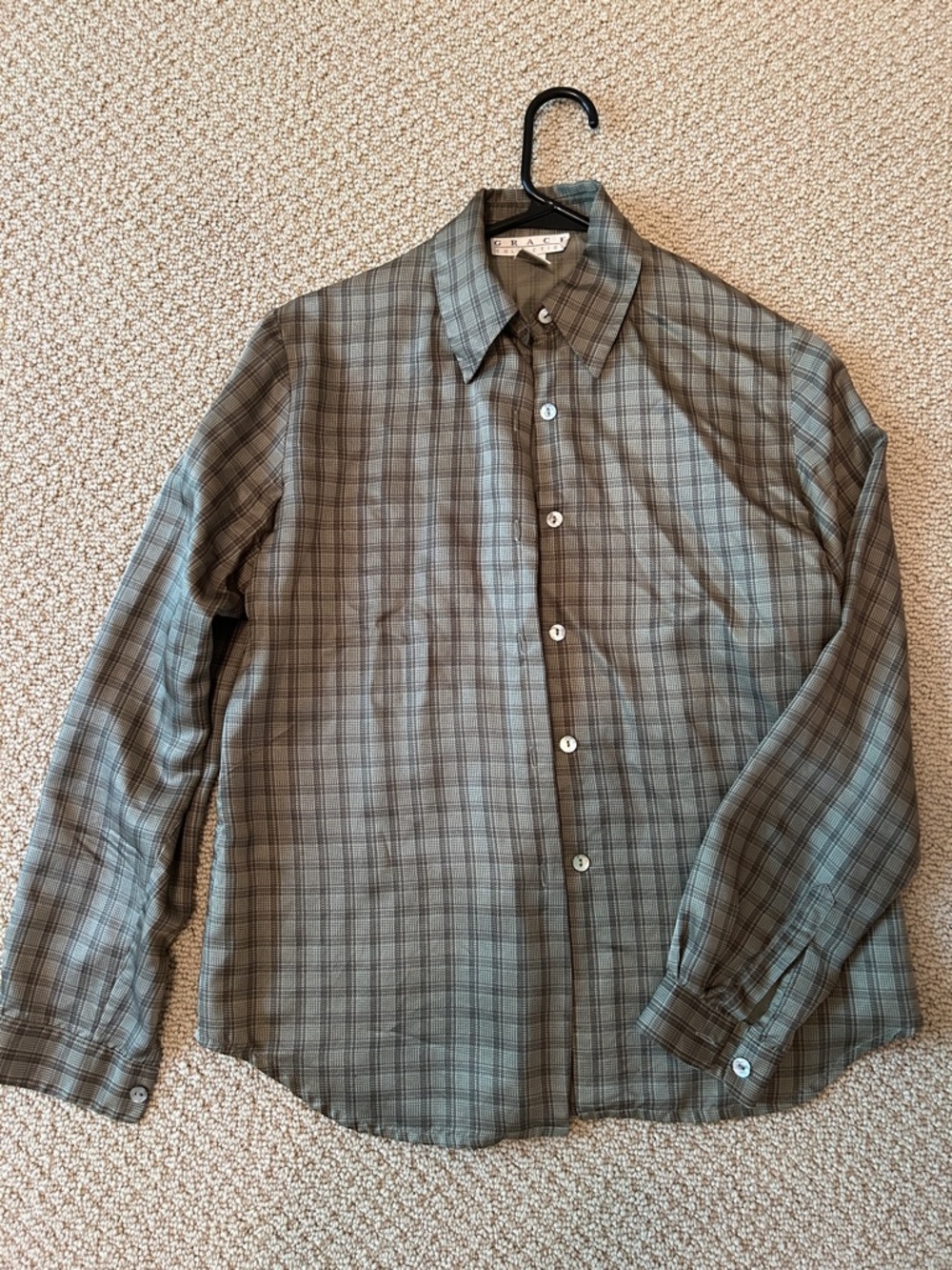 Women’s Silk Green Plaid Button-Up Shirt